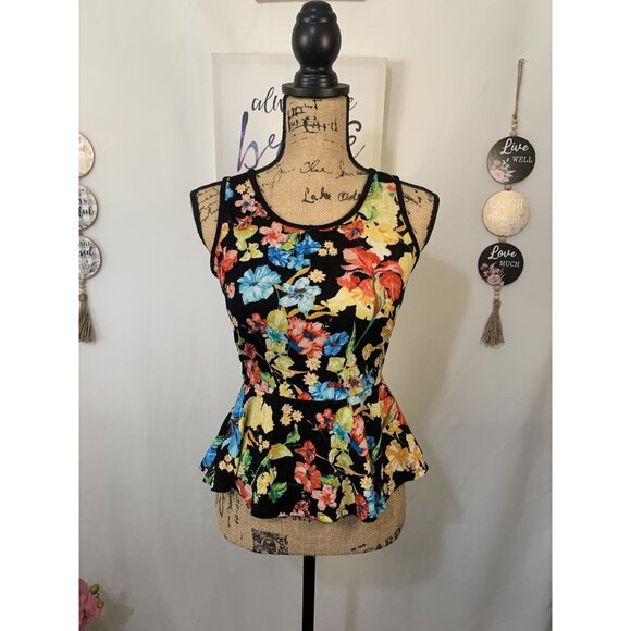 (E-138)Women’s Floral‎ Peplum Top Sleeveless Black Multicolor Size M Fashion - Picture 3 of 7